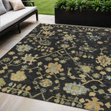 5' X 8' Black And Gold Floral Washable Indoor Outdoor Area Rug