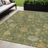 5' X 8' Fern Green And Gold Floral Washable Indoor Outdoor Area Rug