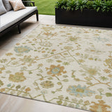 5' X 8' Ivory And Gold Floral Washable Indoor Outdoor Area Rug