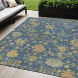 5' X 8' Navy Blue And Gold Floral Washable Indoor Outdoor Area Rug