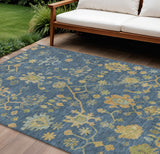 8' X 10' Navy Blue And Gold Floral Washable Indoor Outdoor Area Rug