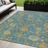 5' X 8' Teal Blue And Gold Floral Washable Indoor Outdoor Area Rug
