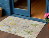 3' X 5' Beige Gold And Fern Green Floral Washable Indoor Outdoor Area Rug