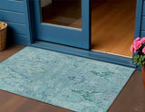 3' X 5' Blue Pale Aqua And Artichoke Green Floral Washable Indoor Outdoor Area Rug
