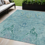 5' X 8' Blue Pale Aqua And Artichoke Green Floral Washable Indoor Outdoor Area Rug