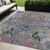 5' X 8' Gray Gold And Navy Blue Floral Washable Indoor Outdoor Area Rug