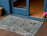 3' X 5' Pewter Blue And Gray Floral Washable Indoor Outdoor Area Rug