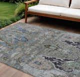 8' X 10' Pewter Blue And Gray Floral Washable Indoor Outdoor Area Rug