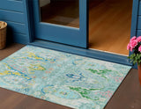 3' X 5' Teal Blue Yellow And Green Floral Washable Indoor Outdoor Area Rug