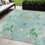 5' X 8' Teal Blue Yellow And Green Floral Washable Indoor Outdoor Area Rug