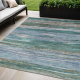 5' X 8' Teal Blue Khaki And Taupe Abstract Washable Indoor Outdoor Area Rug