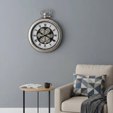 16" Champagne White And Black Metal Skeleton Exposed Gear Pocket Watch Wall Clock