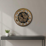 18" Antiqued Gold And Black Metal Silent Skeleton Exposed Gear Round Wall Clock