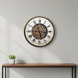 18" Antiqued Gold White And Black Metal Silent Skeleton Exposed Gear Round Wall Clock