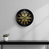 13" Black Orange And Gold Metal Silent Skeleton Distressed Exposed Gear Round Wall Clock