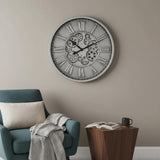 18" Silver And Black Metal Silent Skeleton Exposed Gear Round Wall Clock