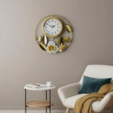 20" Gold And White Metal Silent Analog Floral Round Wall Clock