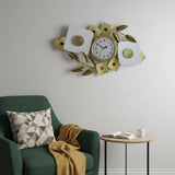 37" Gold And White Metal Silent Analog Floral Oval Wall Clock