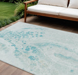 8' X 10' Teal Blue And Pale Aqua Abstract Washable Indoor Outdoor Area Rug