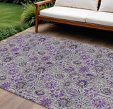 8' X 10' Purple And Gray Floral Washable Indoor Outdoor Area Rug