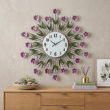 27" Purple Green And White Metal and Glass Silent Analog Floral Round Wall Clock