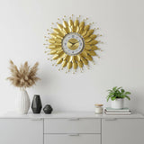 28" Gold And White Metal Silent Analog Floral Sunburst Wall Clock