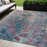 5' X 8' Teal Blue And Plum Abstract Washable Indoor Outdoor Area Rug