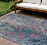 8' X 10' Teal Blue And Plum Abstract Washable Indoor Outdoor Area Rug