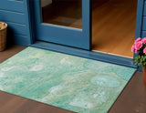 3' X 5' Teal Blue Mint Green And Ivory Abstract Washable Indoor Outdoor Area Rug