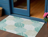 3' X 5' Teal Blue Ivory And Taupe Geometric Washable Indoor Outdoor Area Rug