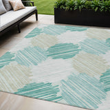 5' X 8' Teal Blue Ivory And Taupe Geometric Washable Indoor Outdoor Area Rug
