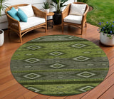 8' Artichoke Green Gray And Fern Green Round Tribal Washable Indoor Outdoor Area Rug