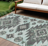 8' X 10' Mint Green And Charcoal Tribal Washable Indoor Outdoor Area Rug