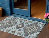 3' X 5' Teal Blue And Charcoal Tribal Washable Indoor Outdoor Area Rug