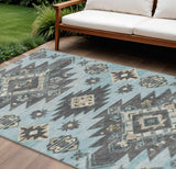 8' X 10' Teal Blue And Charcoal Tribal Washable Indoor Outdoor Area Rug