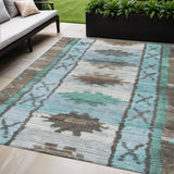 5' X 8' Brown And Teal Blue Tribal Washable Indoor Outdoor Area Rug