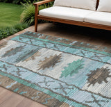 8' X 10' Brown And Teal Blue Tribal Washable Indoor Outdoor Area Rug
