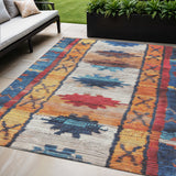 5' X 8' Navy Blue And Copper Tribal Washable Indoor Outdoor Area Rug