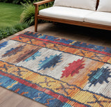 8' X 10' Navy Blue And Copper Tribal Washable Indoor Outdoor Area Rug