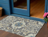 3' X 5' Beige And Charcoal Damask Washable Indoor Outdoor Area Rug