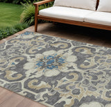 8' X 10' Beige And Charcoal Damask Washable Indoor Outdoor Area Rug