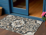 3' X 5' Charcoal And Taupe Damask Washable Indoor Outdoor Area Rug