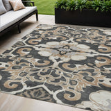 5' X 8' Charcoal And Taupe Damask Washable Indoor Outdoor Area Rug
