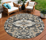 8' Charcoal And Taupe Round Damask Washable Indoor Outdoor Area Rug