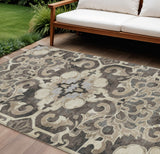 8' X 10' Chocolate And Taupe Damask Washable Indoor Outdoor Area Rug