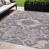 5' X 8' Pink And Charcoal Damask Washable Indoor Outdoor Area Rug