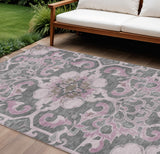 8' X 10' Pink And Charcoal Damask Washable Indoor Outdoor Area Rug