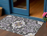 3' X 5' Purple And Charcoal Damask Washable Indoor Outdoor Area Rug