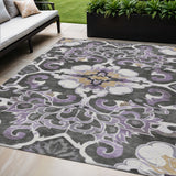 5' X 8' Purple And Charcoal Damask Washable Indoor Outdoor Area Rug