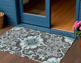 3' X 5' Teal Blue And Charcoal Damask Washable Indoor Outdoor Area Rug